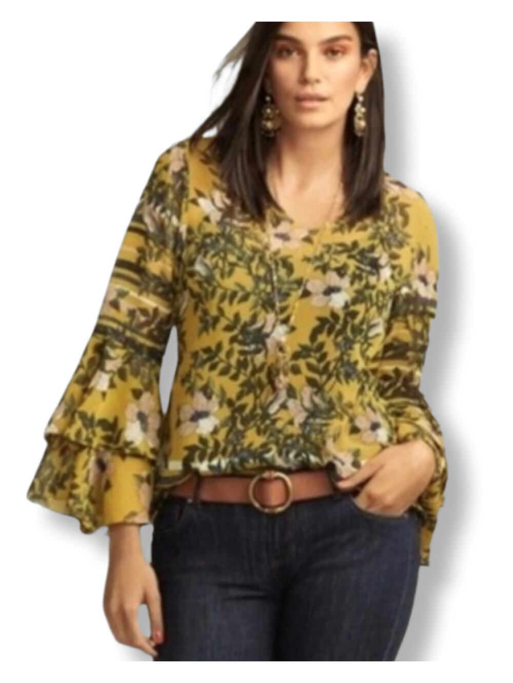 Cabi Women Spring Scene Yellow Floral Blouse Top XL Career Casual Boho Chic FLAW